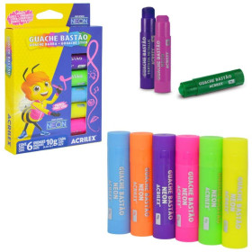 TINTA GUACHE ACRILEX KIT COM 06 CORES BASTAO NEON 10G CADA REF 02008