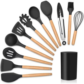 CONJUNTO UTENSILIOS DE SILICONE KIT COM 12 PEÇAS PRETO COM BASE